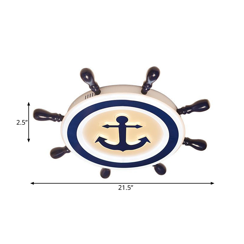 Cartoon Style Blue Round Led Flush Mount Light Fixture With Wood And Acrylic Accents Rudder Design