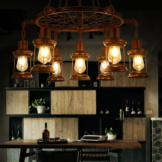 Coastal Weathered Copper Chandelier With 7 Lights - Rustic Metal Lantern Pendant Lamp / Circle