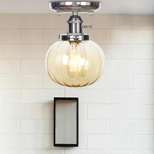 Industrial Chrome Ceiling Mount Light With Clear/Amber Glass Globe For Dining Room Amber / Round