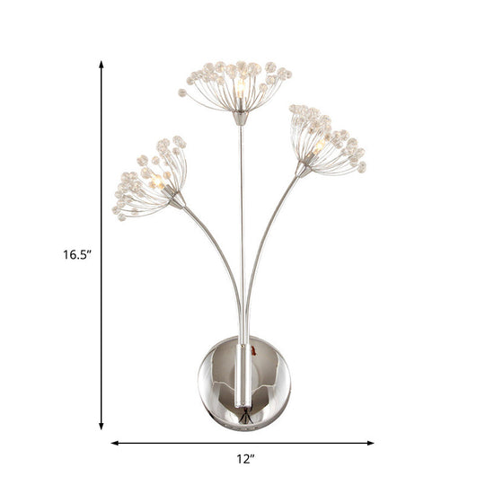Modern Crystal Dandelion Wall Sconce Light - 3 Lights Silver Perfect For Office Room
