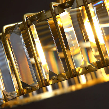 Contemporary Crystal Block Drum Pendant Light - Gold 10/14 Wide Hanging