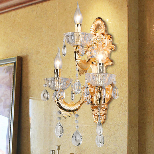 Contemporary Crystal Candelabra Wall Lamp - 2-Light Gold Corridor Mount Light