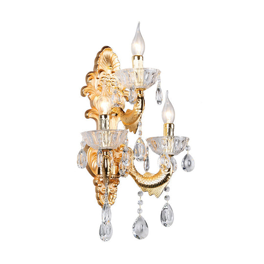 Contemporary Crystal Candelabra Wall Lamp - 2-Light Gold Corridor Mount Light