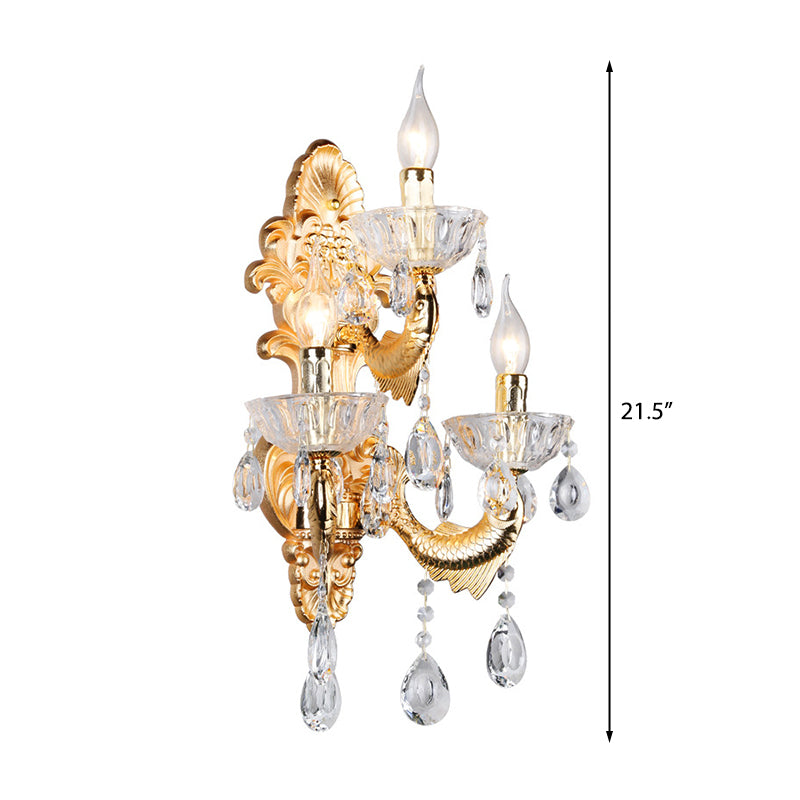 Contemporary Crystal Candelabra Wall Lamp - 2-Light Gold Corridor Mount Light