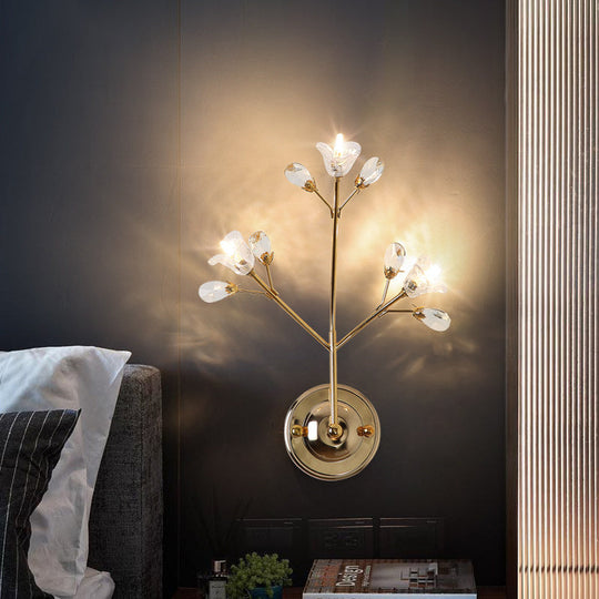 Gold Wall Sconce With Crystal Flowers And Leaves 3 Lights Simple Style