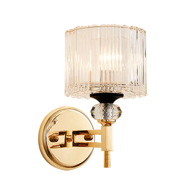 Modern Crystal Shade Wall Light: 1-Light Gold Cylinder Sconce Fixture