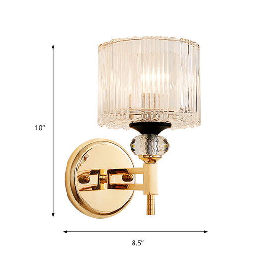 Modern Crystal Shade Wall Light: 1-Light Gold Cylinder Sconce Fixture