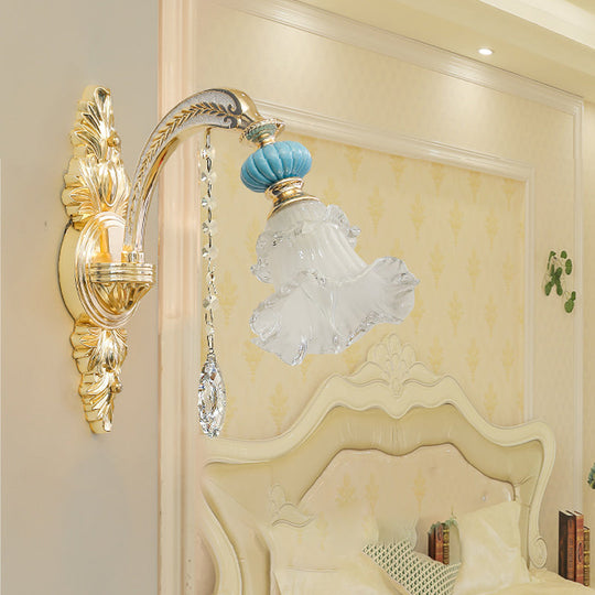 Nordic White Glass Flower Wall Mount Light With Crystal Drop - Gold Accent Ideal For Bedroom 1/2
