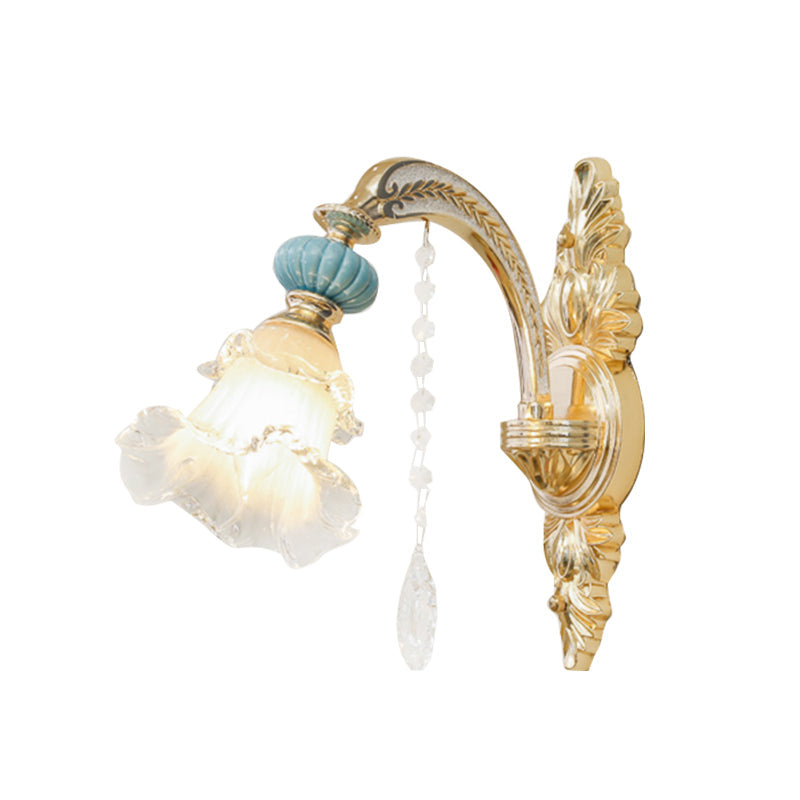 Nordic White Glass Flower Wall Mount Light With Crystal Drop - Gold Accent Ideal For Bedroom 1/2