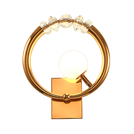 Simple Gold Ring Wall Sconce With Crystal Accent - 1 Light Metal Mount
