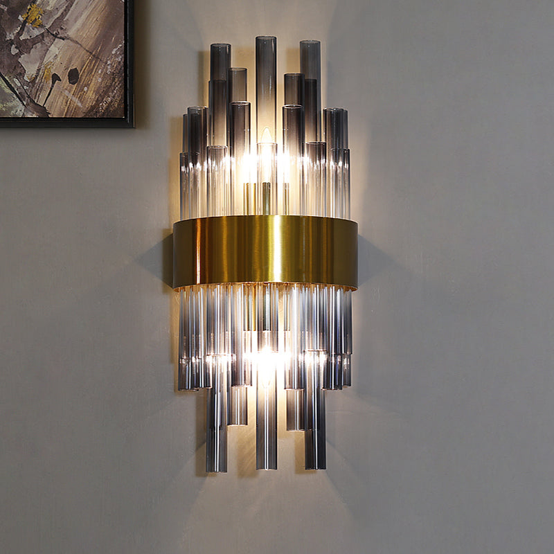 Fluted Glass Cylinder Wall Light Postmodern Brass Hallway Sconce (1-Light Fixture)