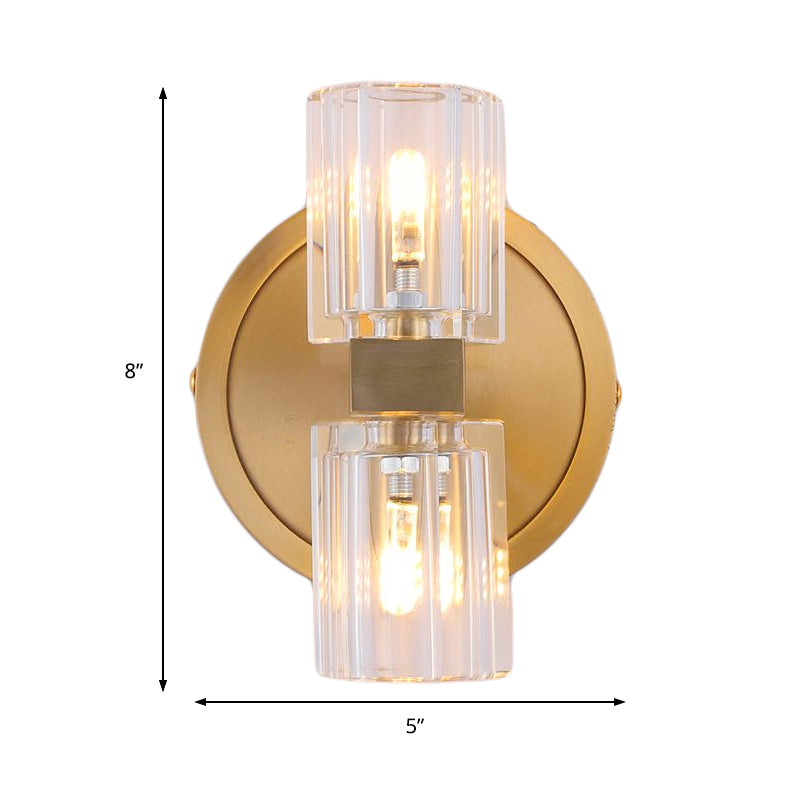 Prismatic Crystal Cylinder Wall Sconce Light - Postmodern 2 Lights Brass Up And Down Mount