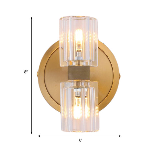 Prismatic Crystal Cylinder Wall Sconce Light - Postmodern 2 Lights Brass Up And Down Mount