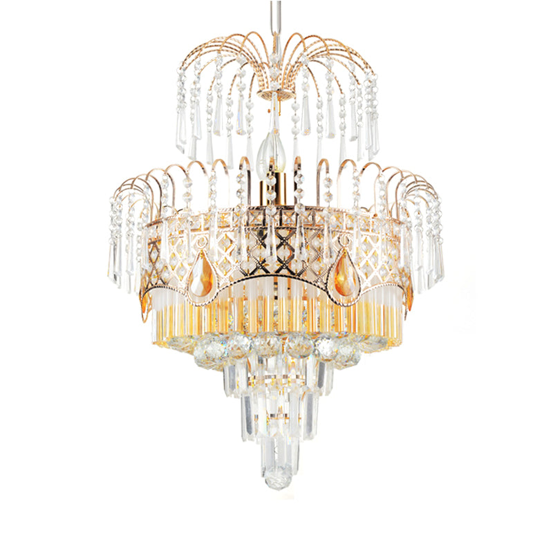 Modern Gold Chandelier Light With Layered Crystal Shade - 3/7 Lights 18’/19.5’ Wide Dining Room
