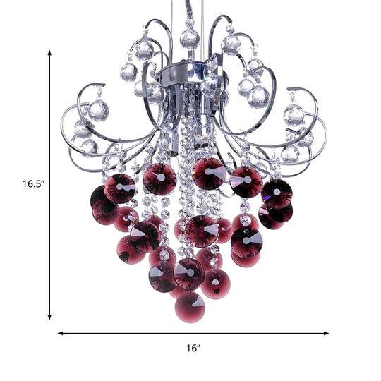 Modern Red Crystal Chandelier - Bent Arm Frame 3 Lights Chrome Ceiling Fixture