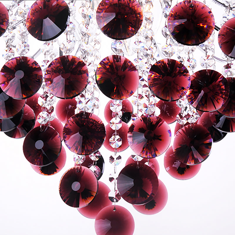 Modern Red Crystal Chandelier - Bent Arm Frame 3 Lights Chrome Ceiling Fixture