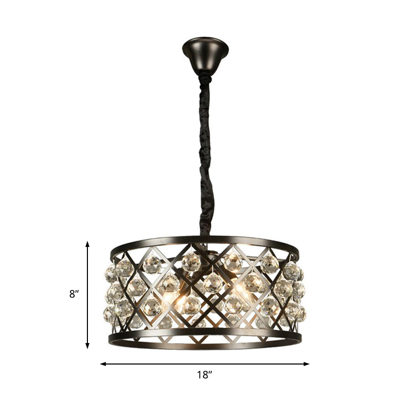 Metal And Crystal Round Ceiling Chandelier - 4-Light Black Lamp For Dining Room