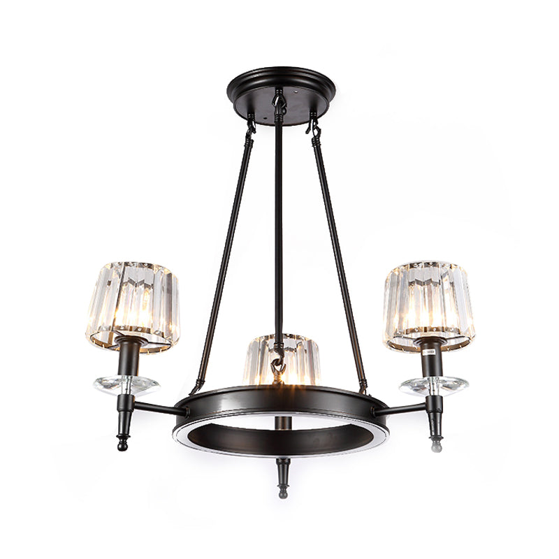 Vintage Black Barrel Hanging Light: Metal Chandelier With Prismatic Glass Shades - 3/6/8 Lights
