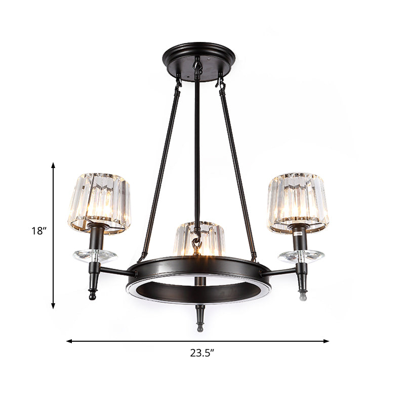 Vintage Black Barrel Hanging Light: Metal Chandelier With Prismatic Glass Shades - 3/6/8 Lights