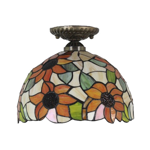 Tiffany 2-Light Domed Semi Flush Mount Ceiling Light With Sunflower Pattern In Brass/Bronze -