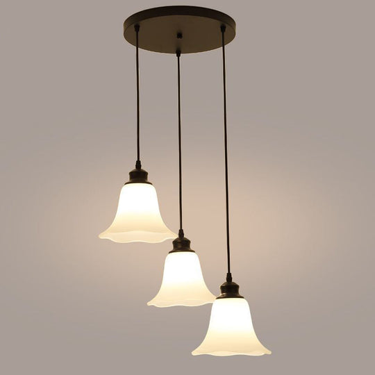 Black Flared Glass Cluster Pendant Ceiling Light With Frosted - 3 Lights For Living Room