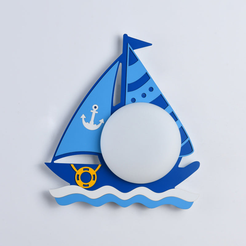 Kiddie Cartoon Blue Led Wall Lamp - Round Shade Plastic Light Fixture For Kindergarten