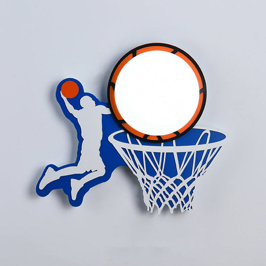 Kiddie Cartoon Blue Led Wall Lamp - Round Shade Plastic Light Fixture For Kindergarten