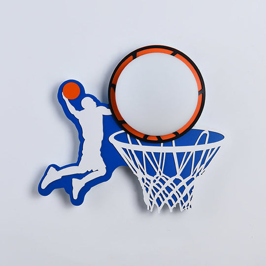 Kiddie Cartoon Blue Led Wall Lamp - Round Shade Plastic Light Fixture For Kindergarten