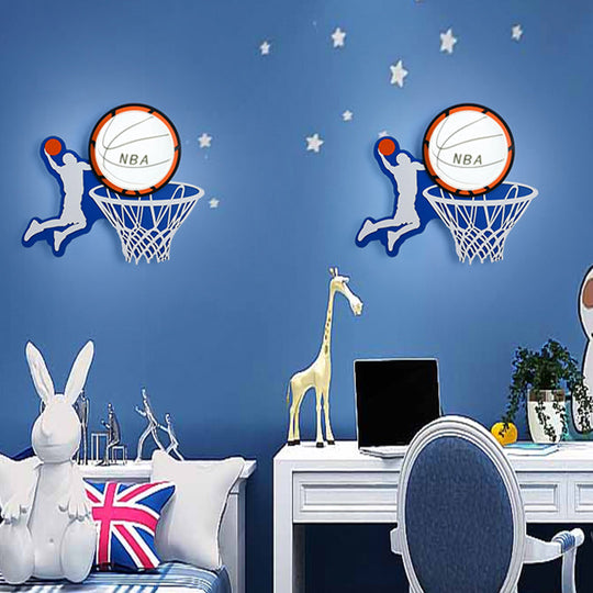 Kiddie Cartoon Blue Led Wall Lamp - Round Shade Plastic Light Fixture For Kindergarten / D