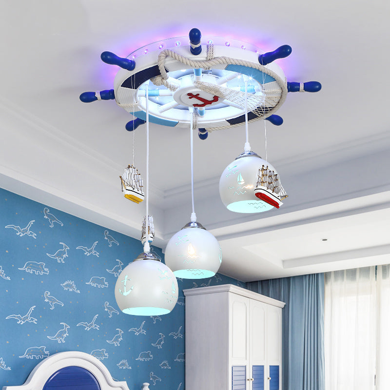 Contemporary White Led Flush Mount Fixture With Carved Glass Dome Shade And Metallic Rudder Light