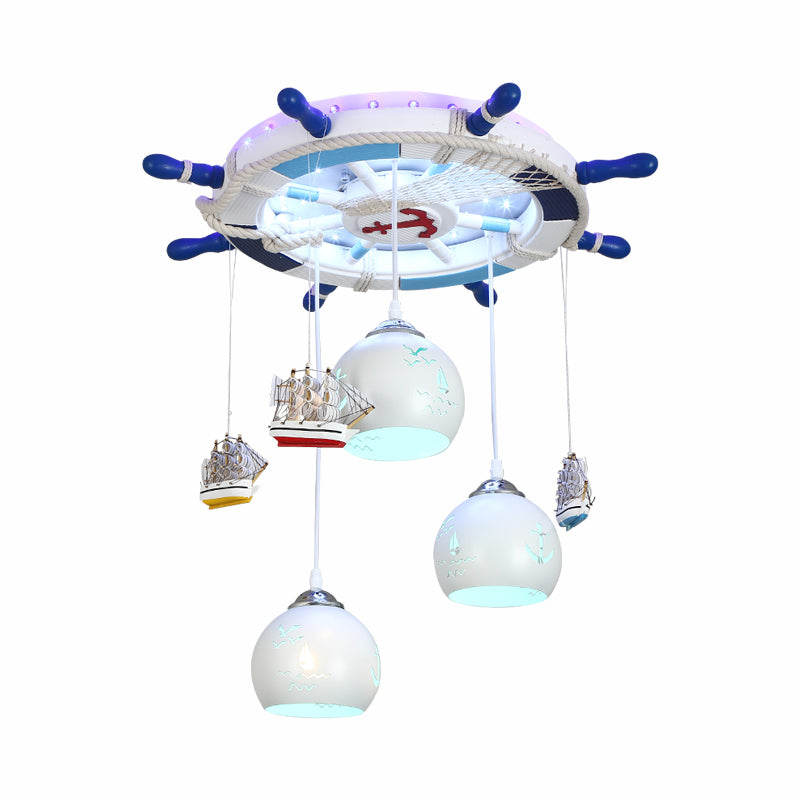 Contemporary White Led Flush Mount Fixture With Carved Glass Dome Shade And Metallic Rudder Light