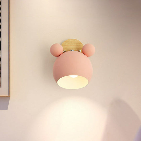 Minimalistic Metallic Bear Head Bedroom Wall Sconce Light Pink