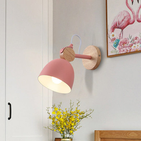 Modern Bell Wall Light With Wooden Backplate For Single-Bulb Bedroom Mounting Pink