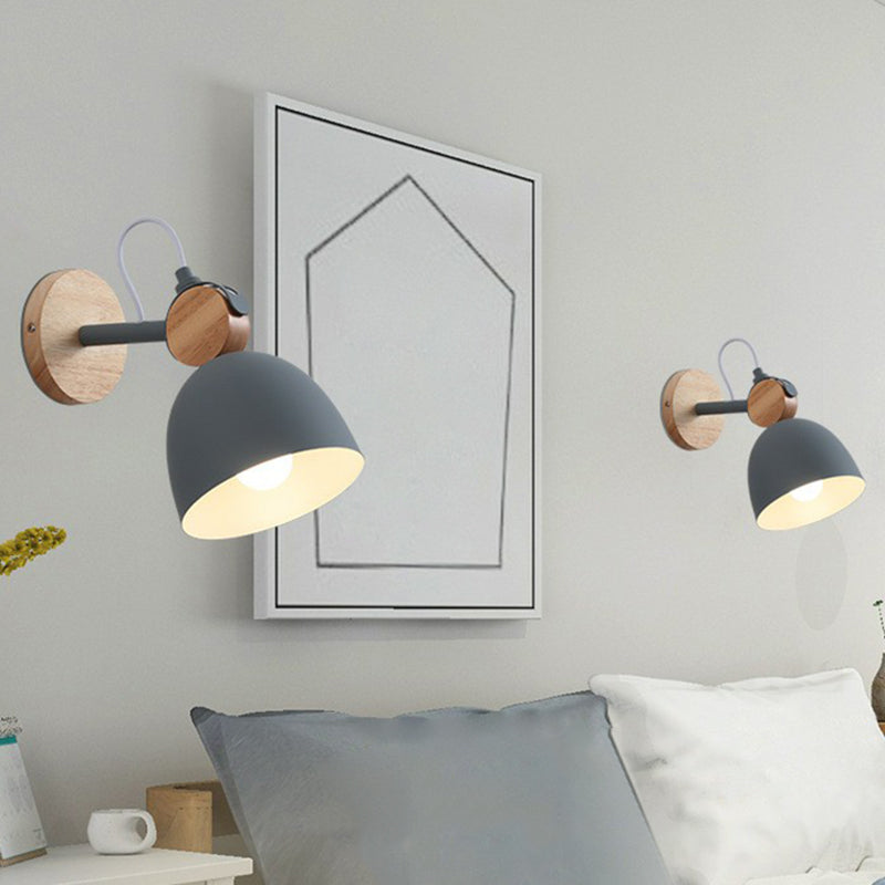 Modern Bell Wall Light With Wooden Backplate For Single-Bulb Bedroom Mounting Grey