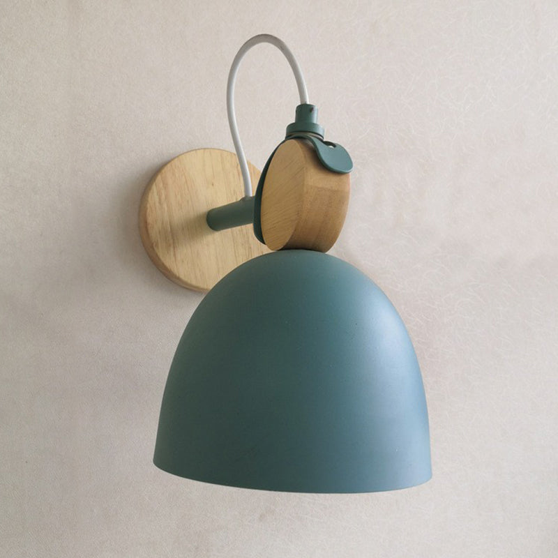 Modern Bell Wall Light With Wooden Backplate For Single-Bulb Bedroom Mounting Green
