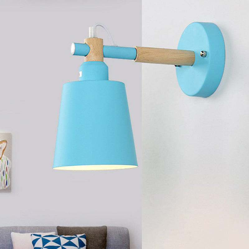 Sleek Metallic Wall Light With Tapered Shade - Stylish 1 Head Fixture For Bedroom Blue