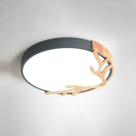 Sleek Metal Circle Led Flush Mount Ceiling Light - Ultra-Thin Design With Wooden Antler Accent