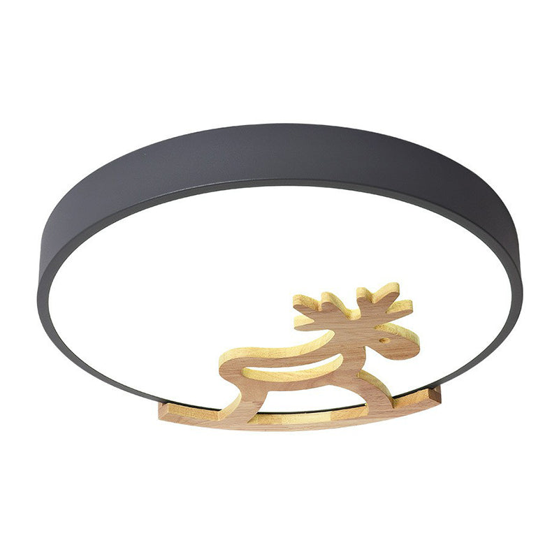 Metallic Nordic Circle Led Flush Mount With Wooden Hobbyhorse For Bedroom Ceiling Lighting