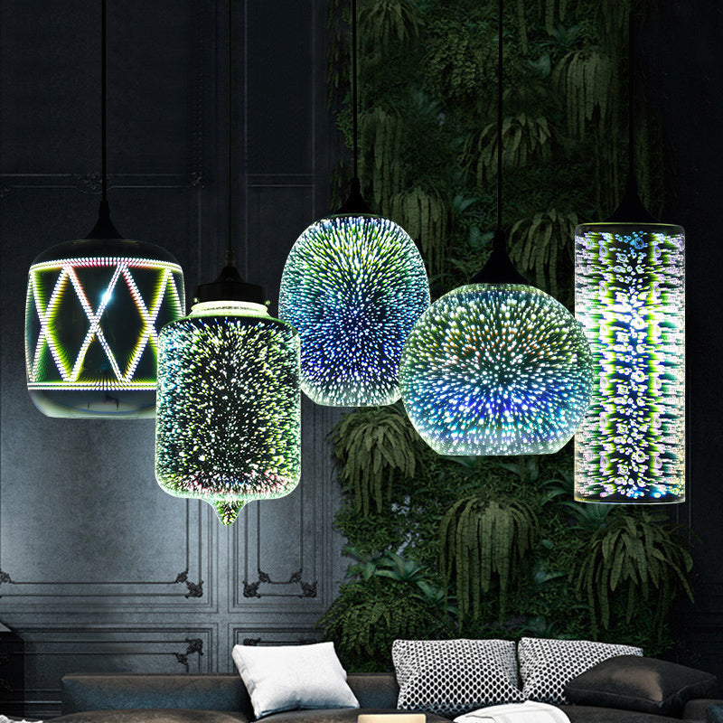 Contemporary Black Glass Pendant Light: Geometrical 3D Firework Design Single-Bulb Suspension For