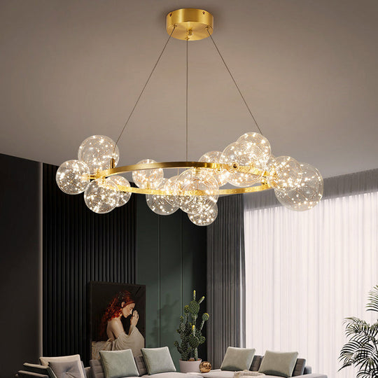 Contemporary Led Chandelier Light With Halo Ring - Clear Glass Globe Living Room Ceiling Lighting In
