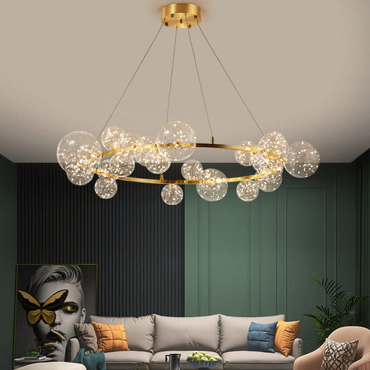 Globe Living Room Led Chandelier Light - Contemporary Clear Glass With Gold Halo Ring 24 / Natural