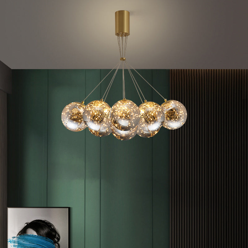 Handblown Glass Led Pendant Light With Modern Brass Finish - Sphere Shape Starry Glow