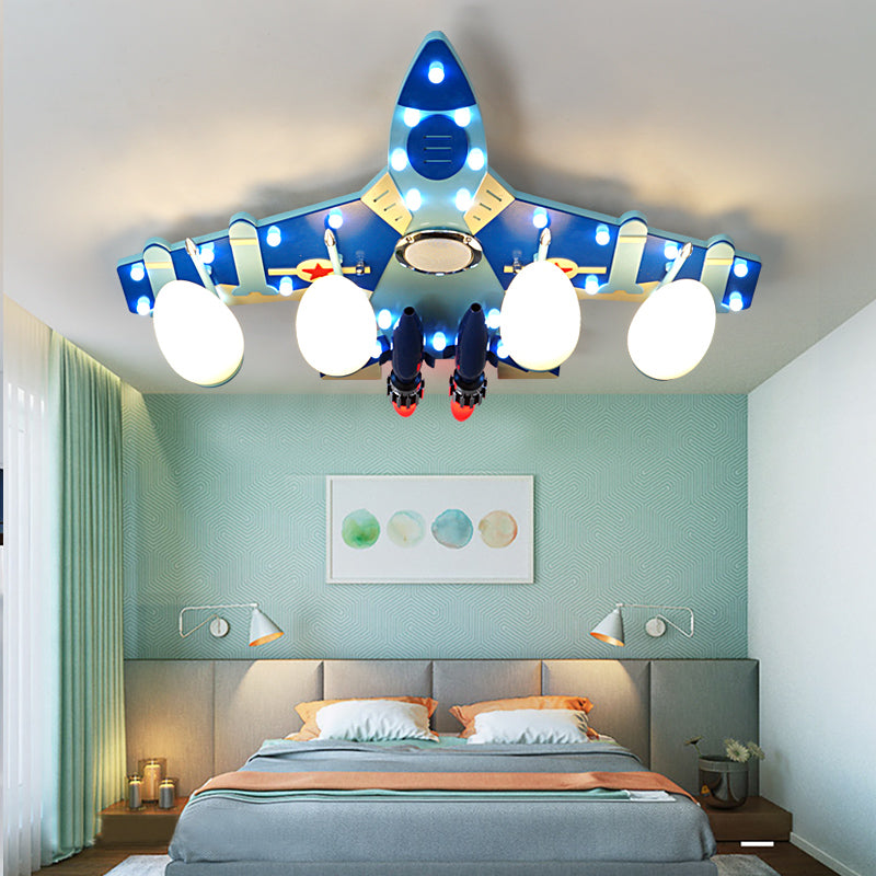 Cartoon Style Blue Plane Flush Mount Lamp With Wood Ceiling Lighting And Milk Glass Teardrop Shade
