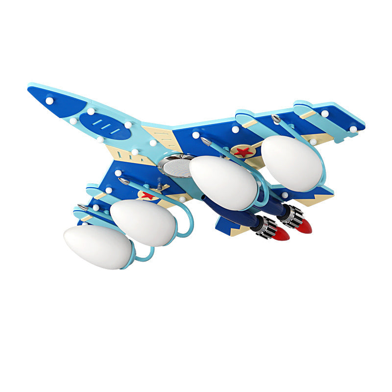 Cartoon Style Blue Plane Flush Mount Lamp With Wood Ceiling Lighting And Milk Glass Teardrop Shade