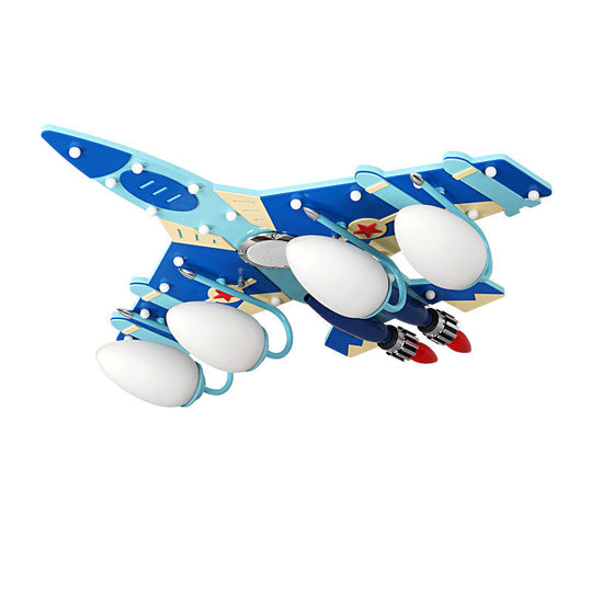 Cartoon Style Blue Plane Flush Mount Lamp With Wood Ceiling Lighting And Milk Glass Teardrop Shade