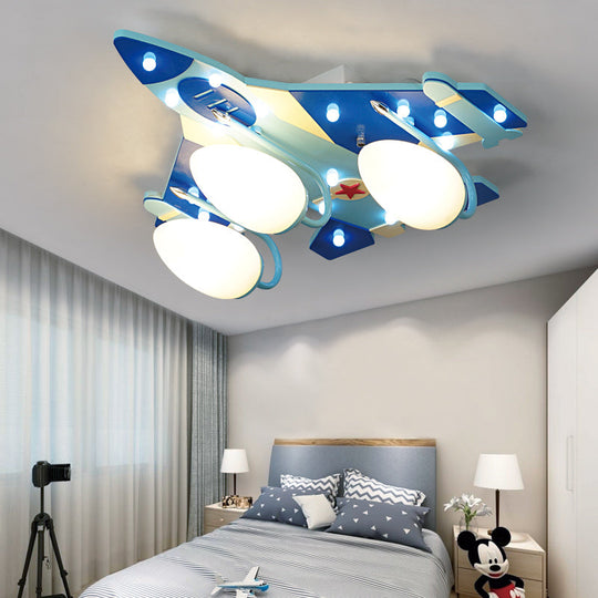 Cartoon Style Blue Plane Flush Mount Lamp With Wood Ceiling Lighting And Milk Glass Teardrop Shade