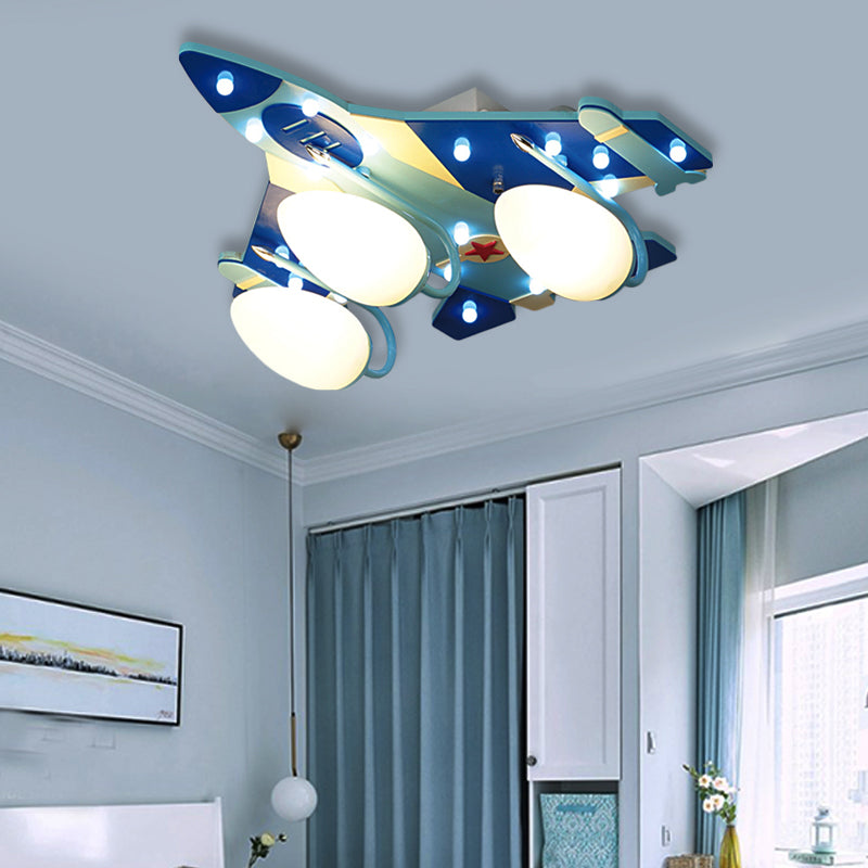 Cartoon Style Blue Plane Flush Mount Lamp With Wood Ceiling Lighting And Milk Glass Teardrop Shade