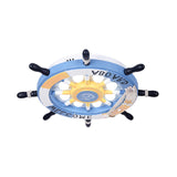 8-Light Bedroom Flush Mount Fixture With Rudder Wooden Shade - Cartoon Blue/Brown Ceiling Lamp In