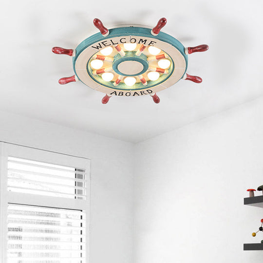 Nautical Wood Rudder Flushmount Ceiling Lamp - 8-Light Children’s Room Lighting In Green/Red With