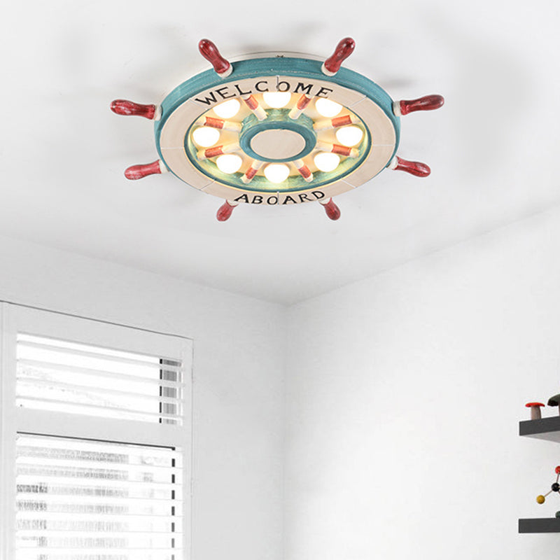 Nautical Wood Rudder Flushmount Ceiling Lamp - 8-Light Childrens Room Lighting In Green/Red With